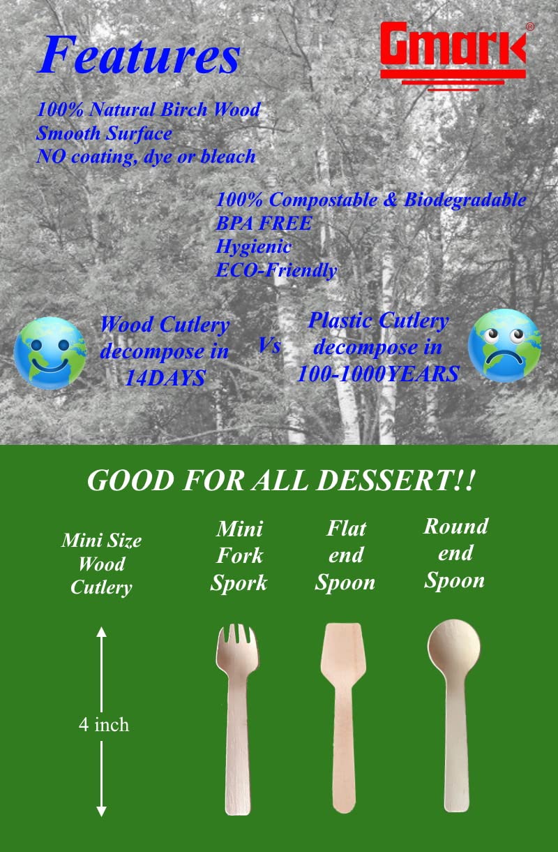 Gmark 4" Mini Wooden Spoons 100 ct, Biodegradable Compostable Birchwood (100pcs/bag) GM1042A - Image 2